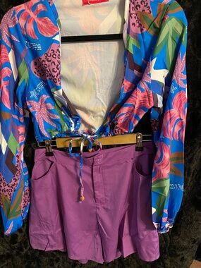 Vibrant Blue Floral Cropped Top with Purple Skirt